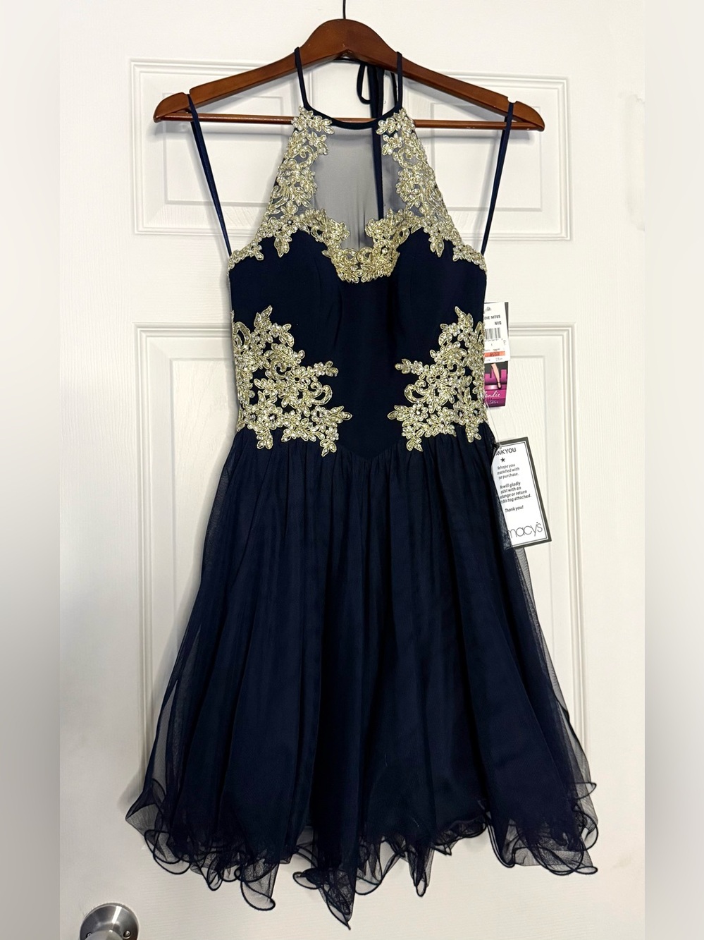 Black Halter Party Dress with Gold Appliqué